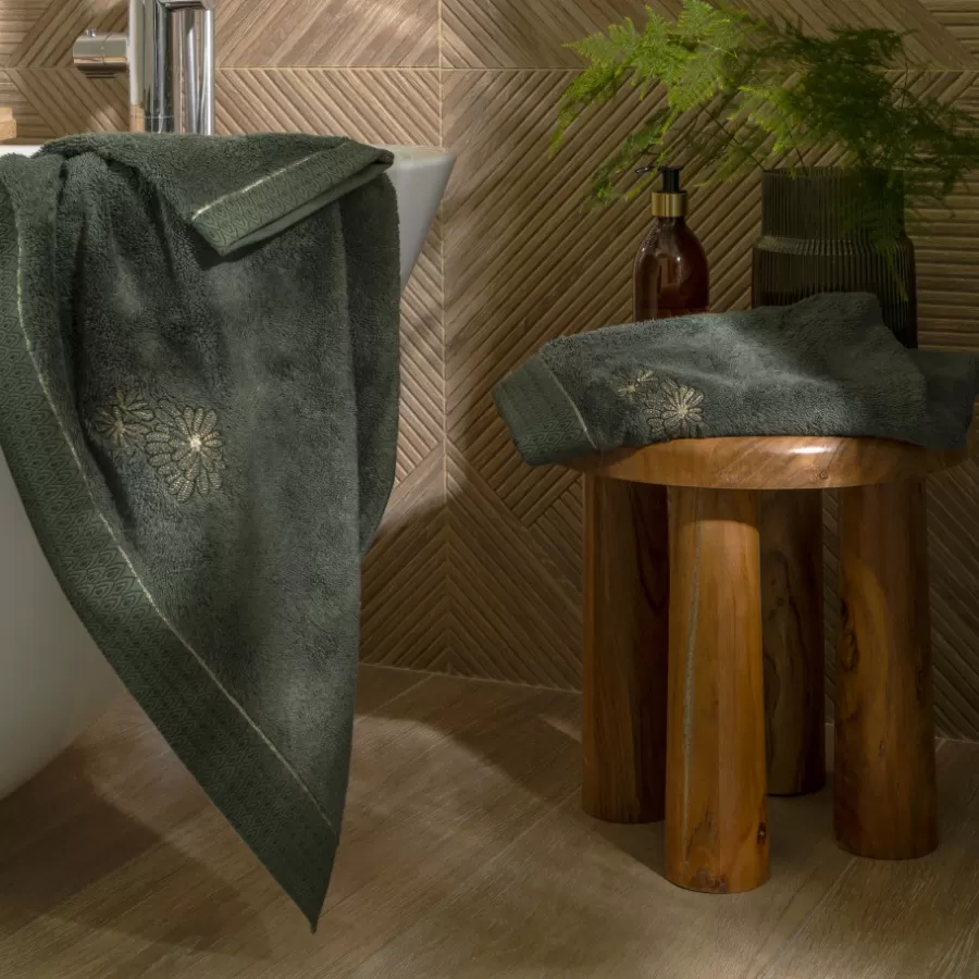 Carré Blanc Draps De Bain | Drap de bain coton et viscose de bambou Silvalys vert forêt