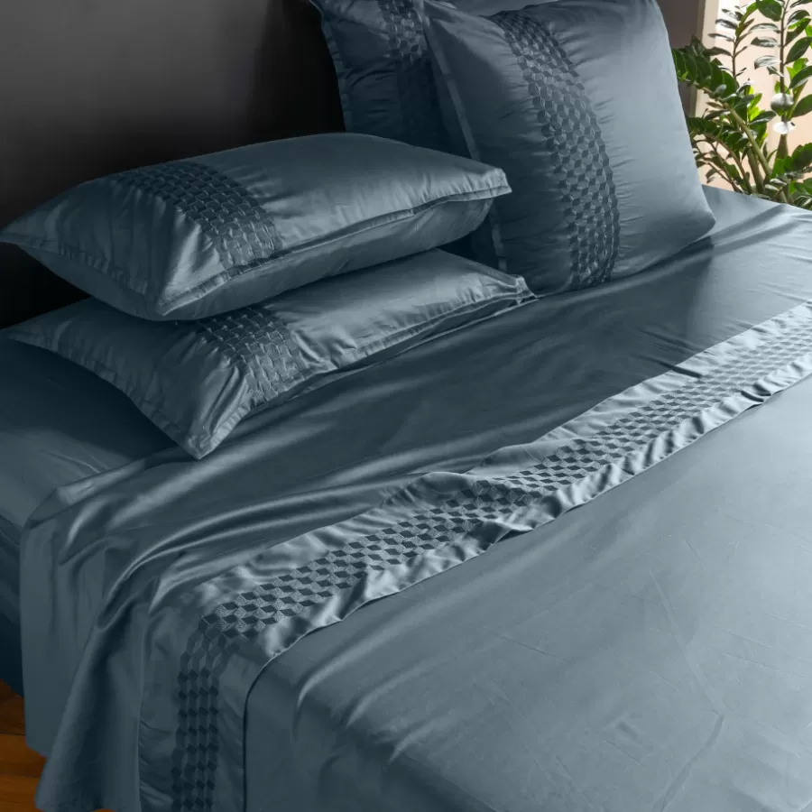 Carré Blanc Draps De Lit | Drap de lit satin de coton Cubes II vert cèdre