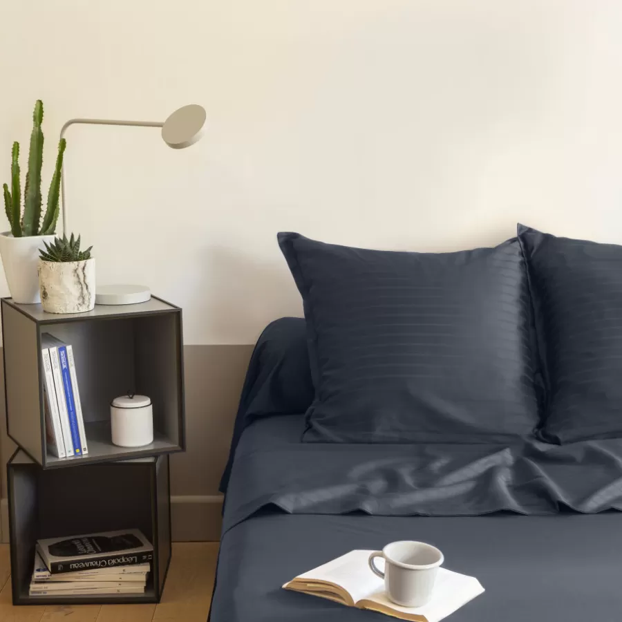 Carré Blanc Draps De Lit | Drap de lit satin de coton jacquard pois et rayures Prestige bleu nuit