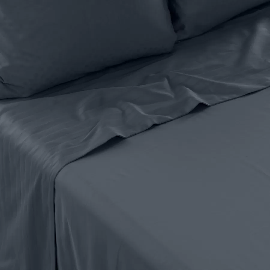 Carré Blanc Draps De Lit | Drap de lit satin de coton jacquard pois et rayures Prestige bleu nuit