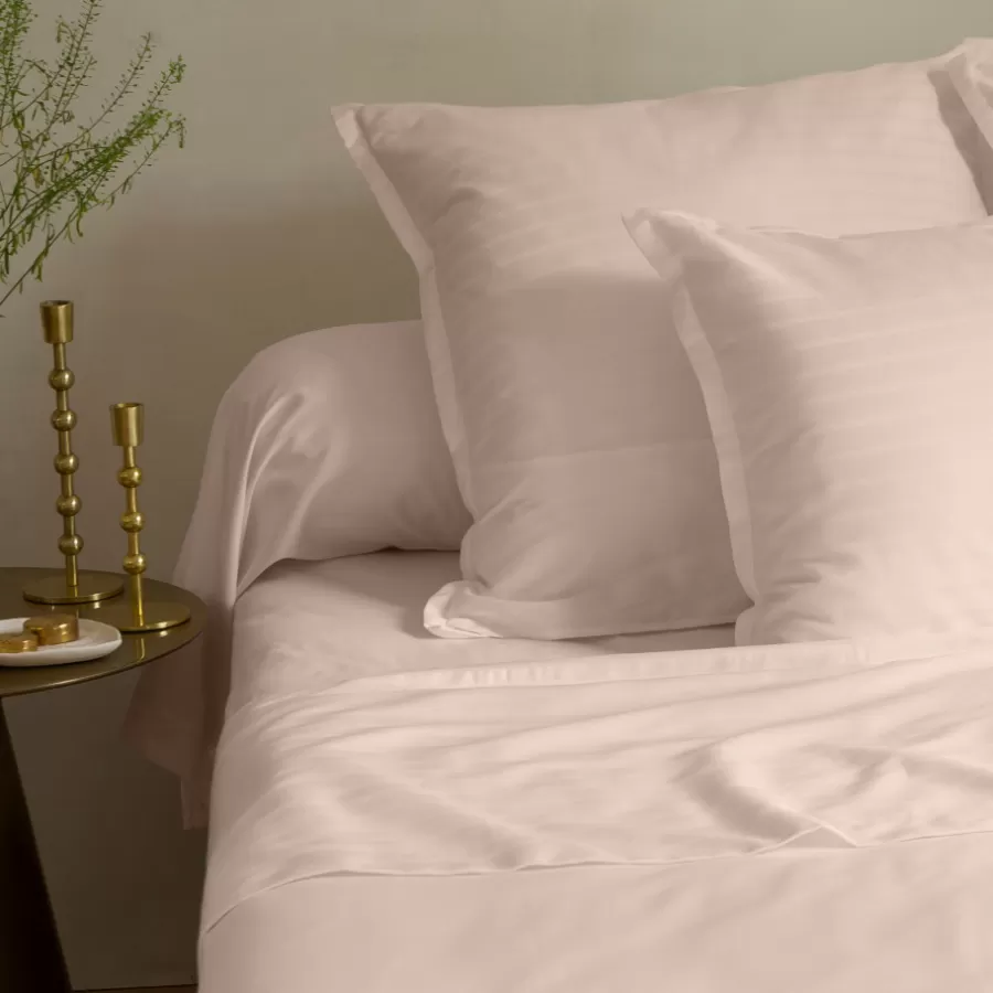 Carré Blanc Draps De Lit | Drap de lit satin de coton jacquard pois et rayures Prestige nacre