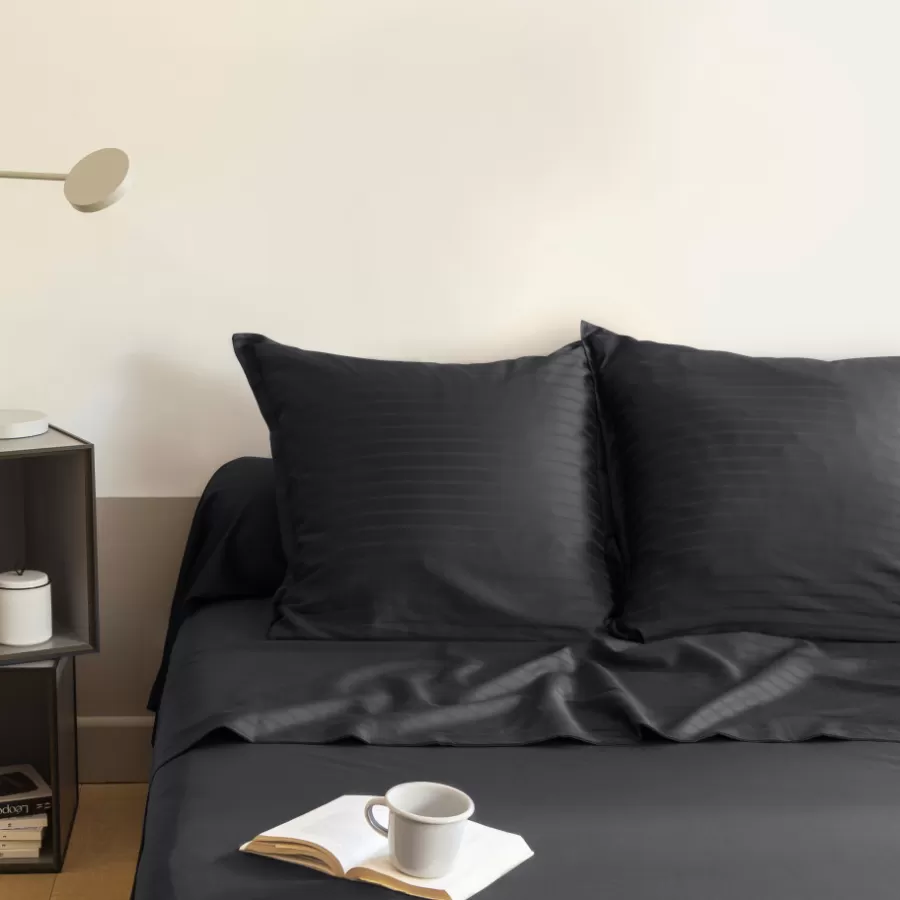 Carré Blanc Draps De Lit | Drap de lit satin de coton jacquard pois et rayures Prestige noir