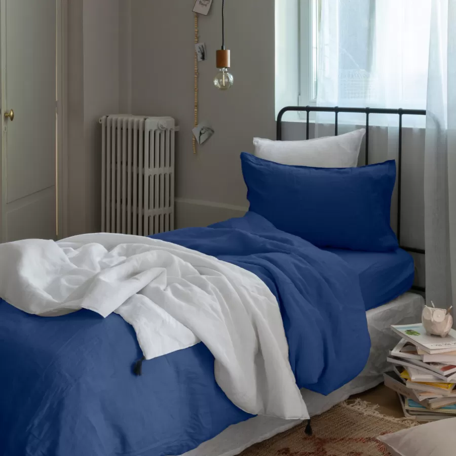 Carré Blanc Housses De Couette | Housse de couette enfant lin et coton lavé Songe bleu de chine
