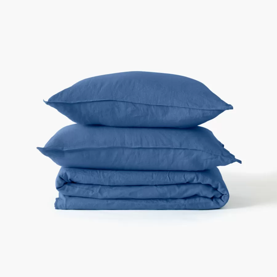 Carré Blanc Housses De Couette | Housse de couette enfant lin et coton lavé Songe bleu de chine