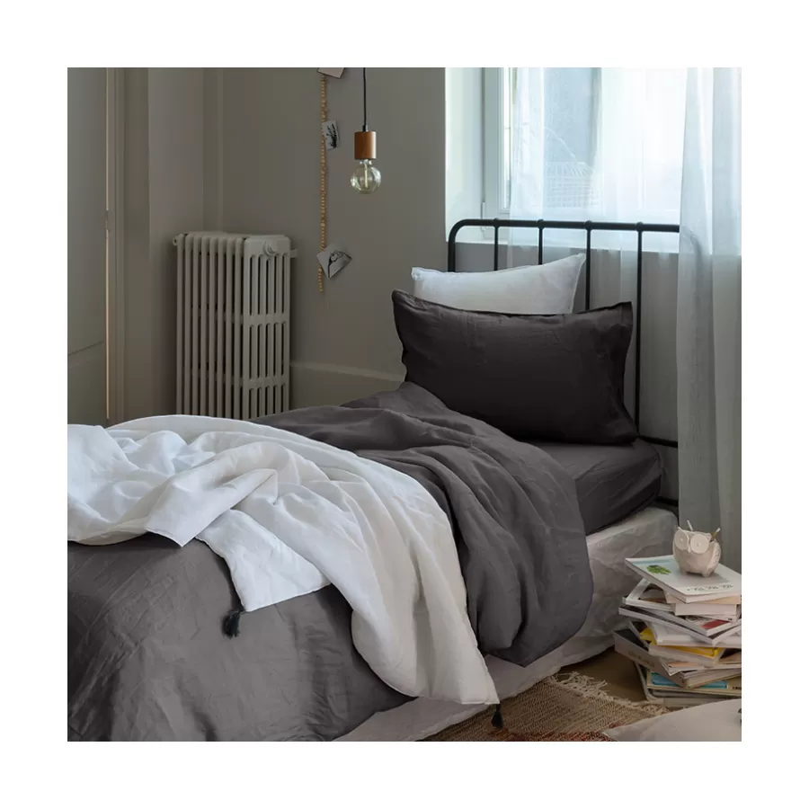 Carré Blanc Housses De Couette | Housse de couette enfant lin et coton lavé Songe charbon
