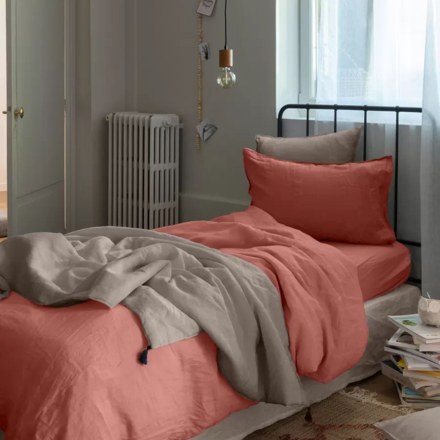 Carré Blanc Housses De Couette | Housse de couette enfant lin et coton lavé Songe terre cuite