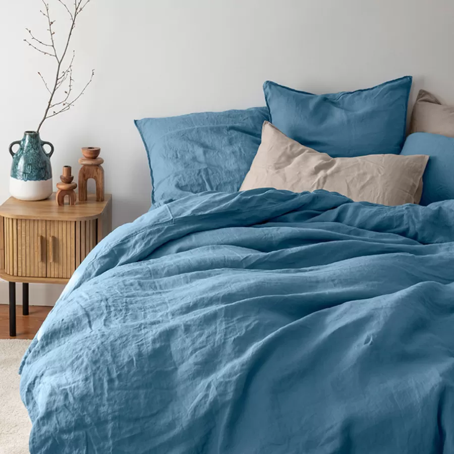 Carré Blanc Housses De Couette | Housse de couette lin et coton lavé Songe bleu baltique