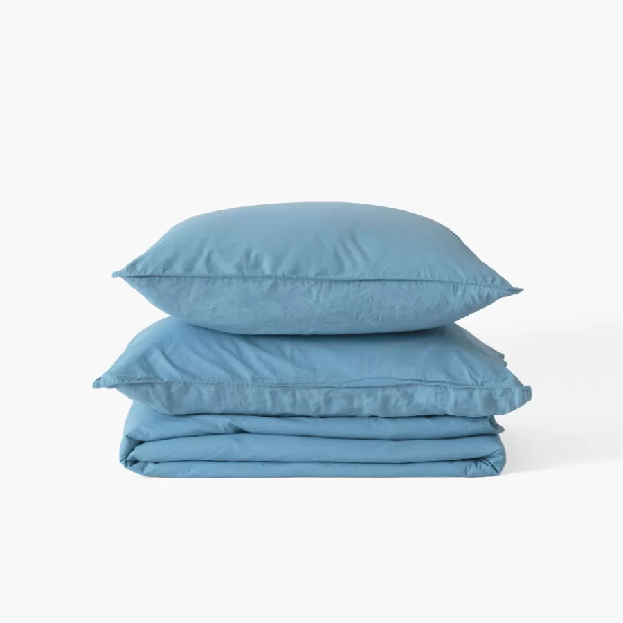 Carré Blanc Housses De Couette | Housse de couette lin et coton lavé Songe bleu baltique