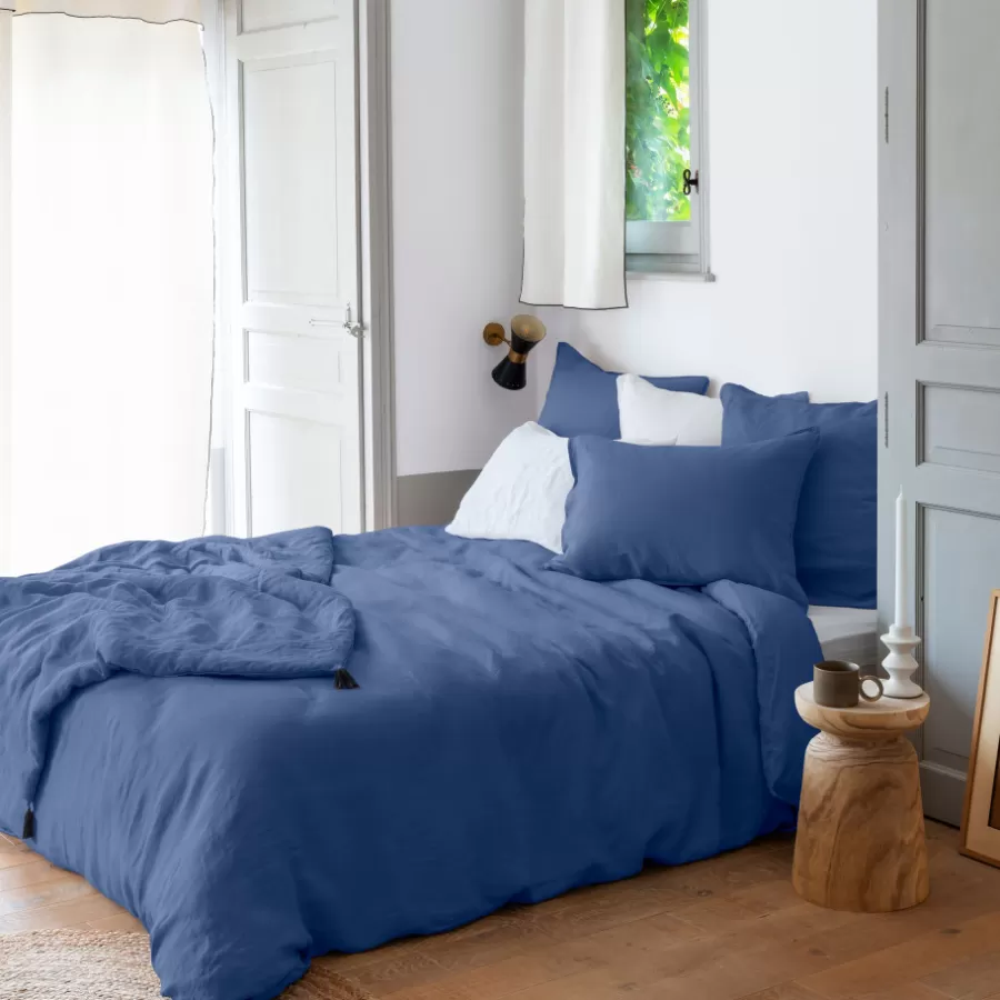 Carré Blanc Housses De Couette | Housse de couette lin et coton lavé Songe bleu de chine