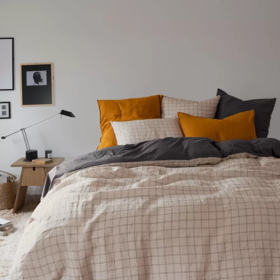 Carré Blanc Housses De Couette | Housse de couette lin et coton lavé Songe charbon carreaux