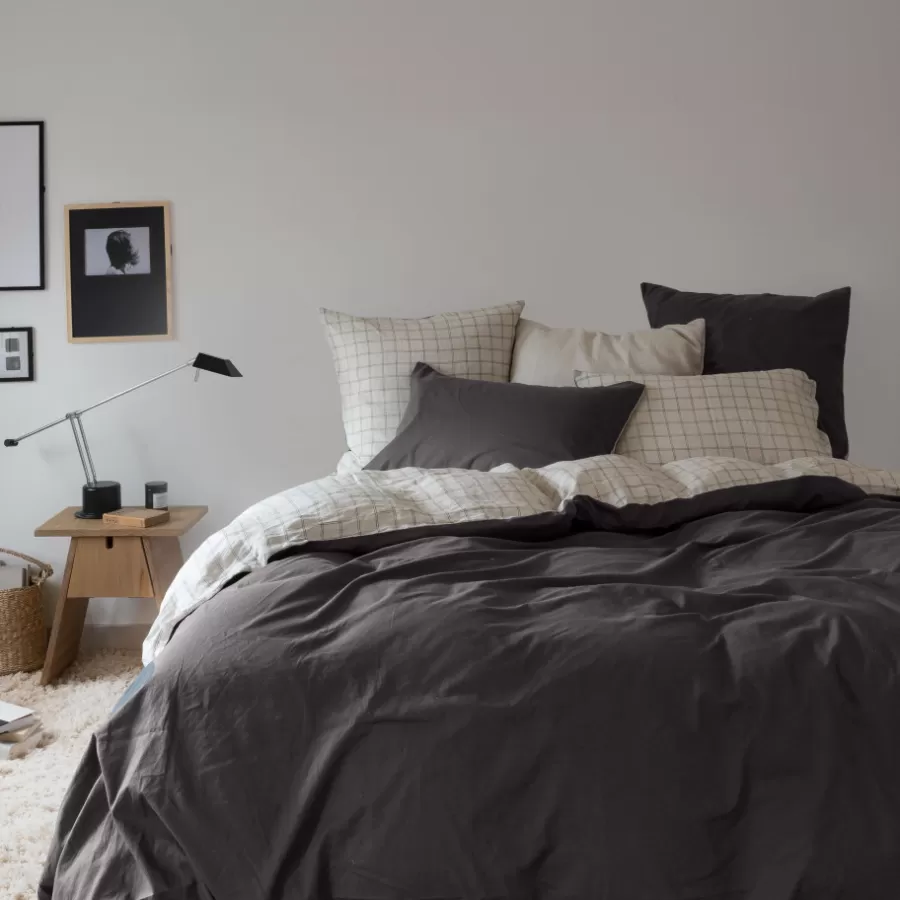 Carré Blanc Housses De Couette | Housse de couette lin et coton lavé Songe charbon carreaux
