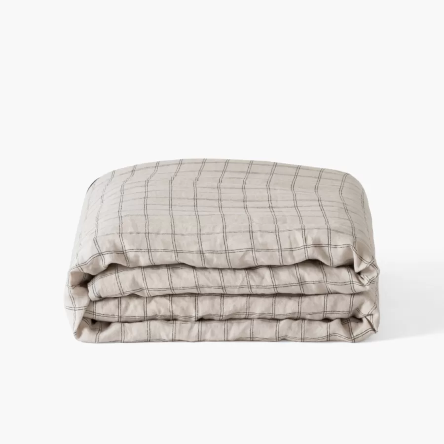 Carré Blanc Housses De Couette | Housse de couette lin et coton lavé Songe charbon carreaux
