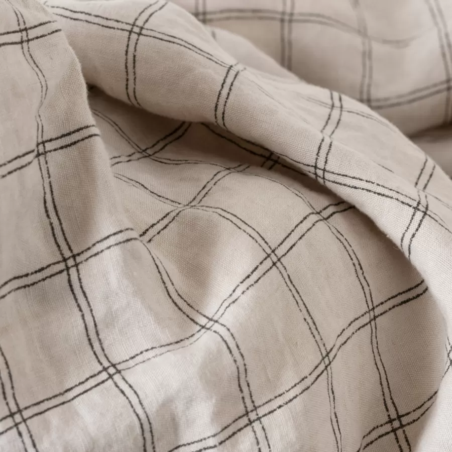 Carré Blanc Housses De Couette | Housse de couette lin et coton lavé Songe charbon carreaux