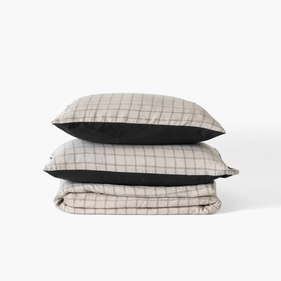 Carré Blanc Housses De Couette | Housse de couette lin et coton lavé Songe charbon carreaux