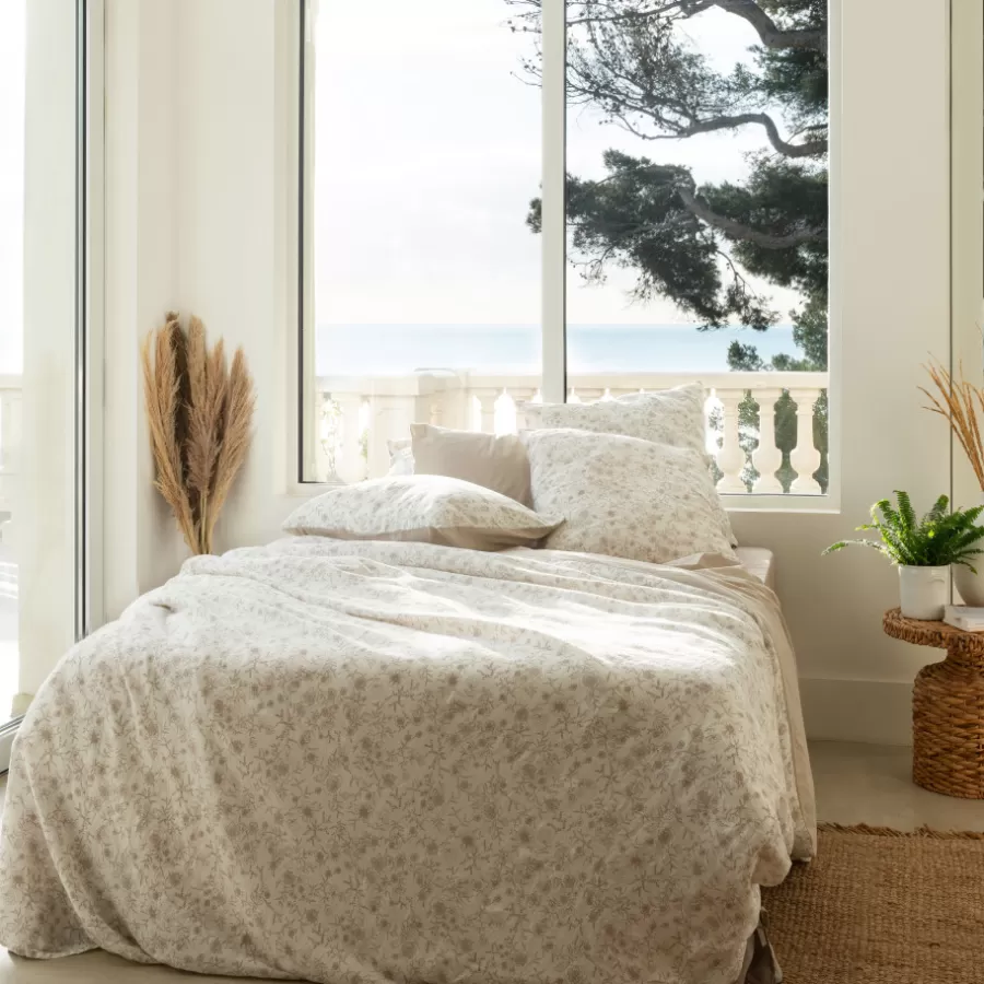 Carré Blanc Housses De Couette | Housse de couette lin et coton lavé Songe grège floral