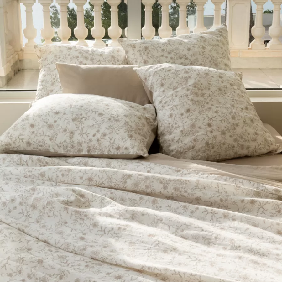 Carré Blanc Housses De Couette | Housse de couette lin et coton lavé Songe grège floral