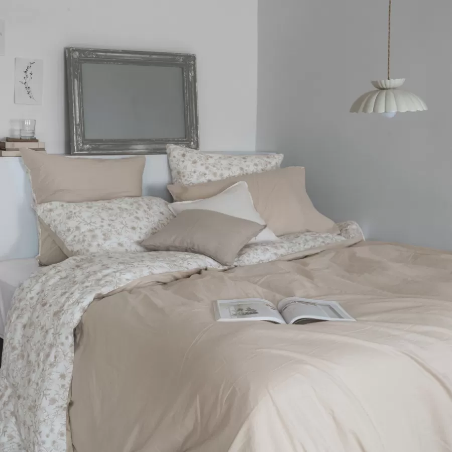 Carré Blanc Housses De Couette | Housse de couette lin et coton lavé Songe grège floral