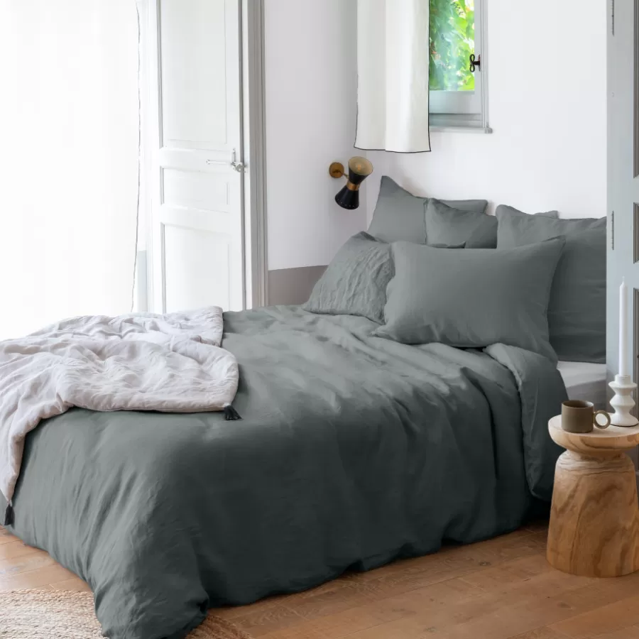 Carré Blanc Housses De Couette | Housse de couette lin et coton lavé Songe kaki cendré