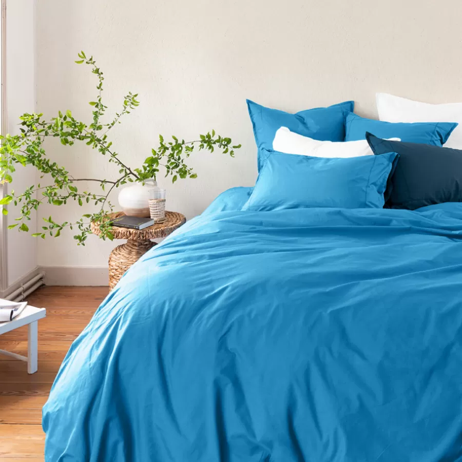 Carré Blanc Housses De Couette | Housse de couette percale de coton Neo azur