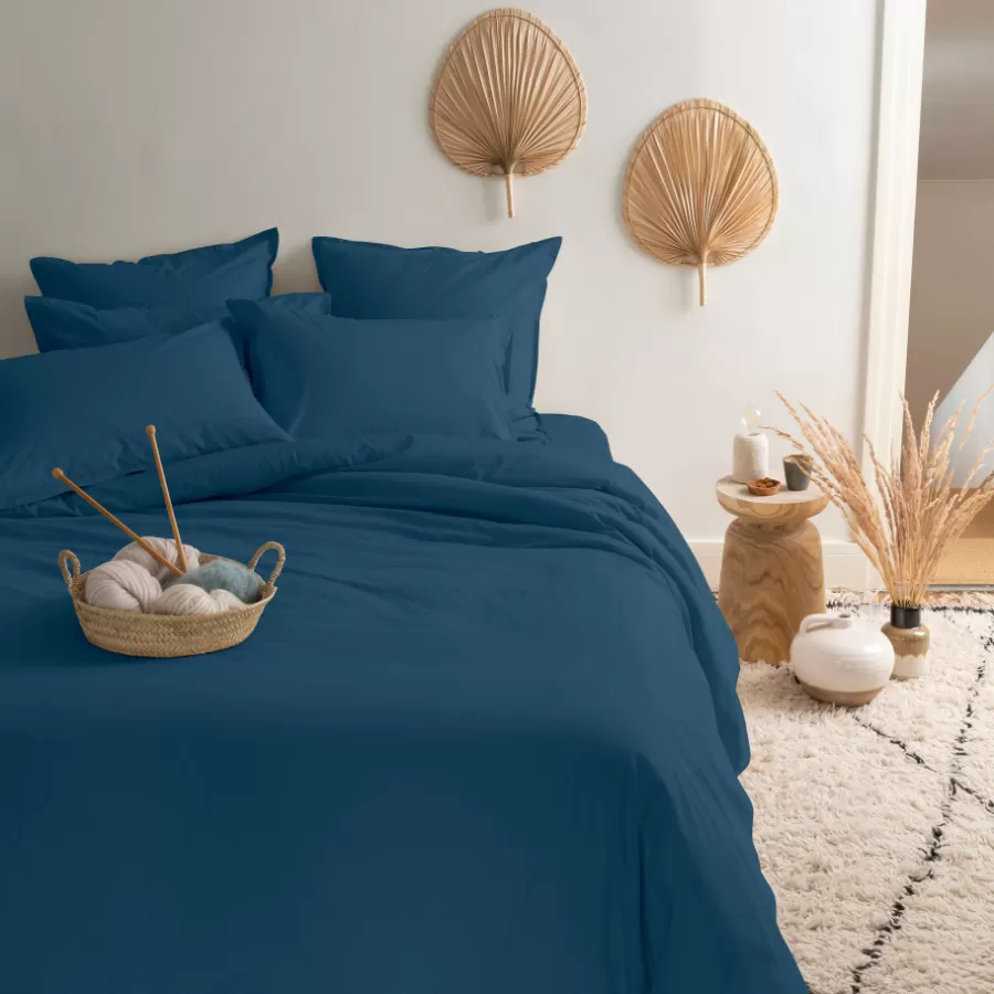 Carré Blanc Housses De Couette | Housse de couette percale de coton Neo bleu prusse