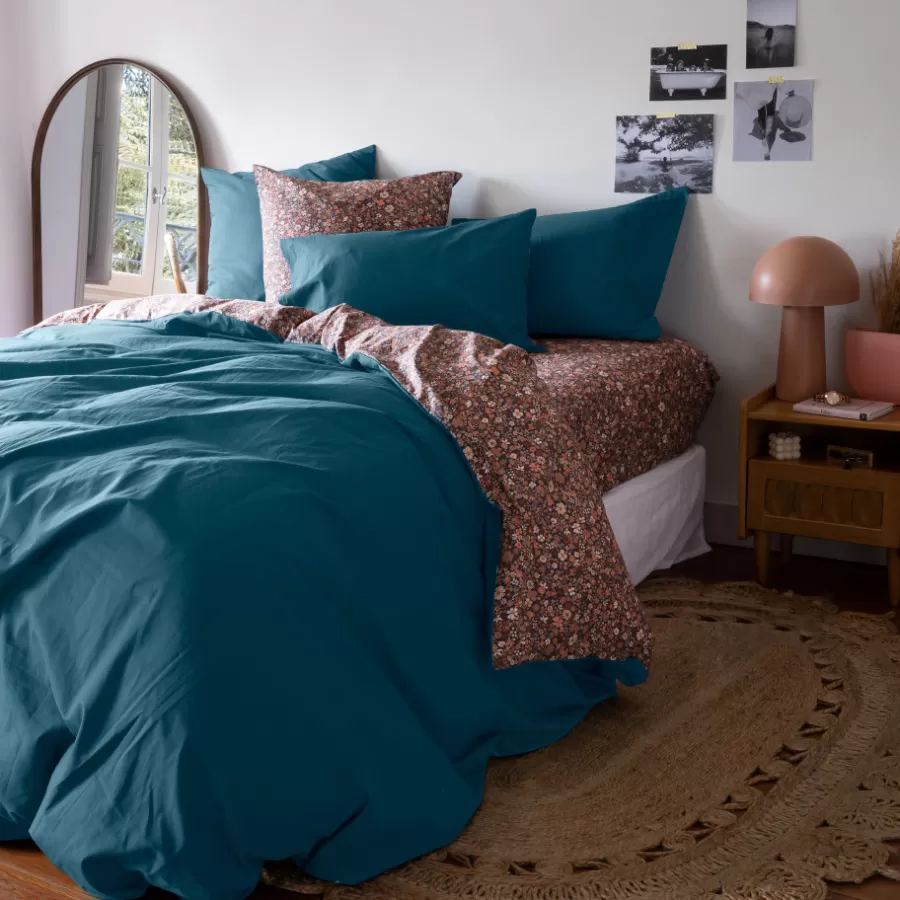 Carré Blanc Housses De Couette | Housse de couette percale de coton Neo Bleu Prusse Floral