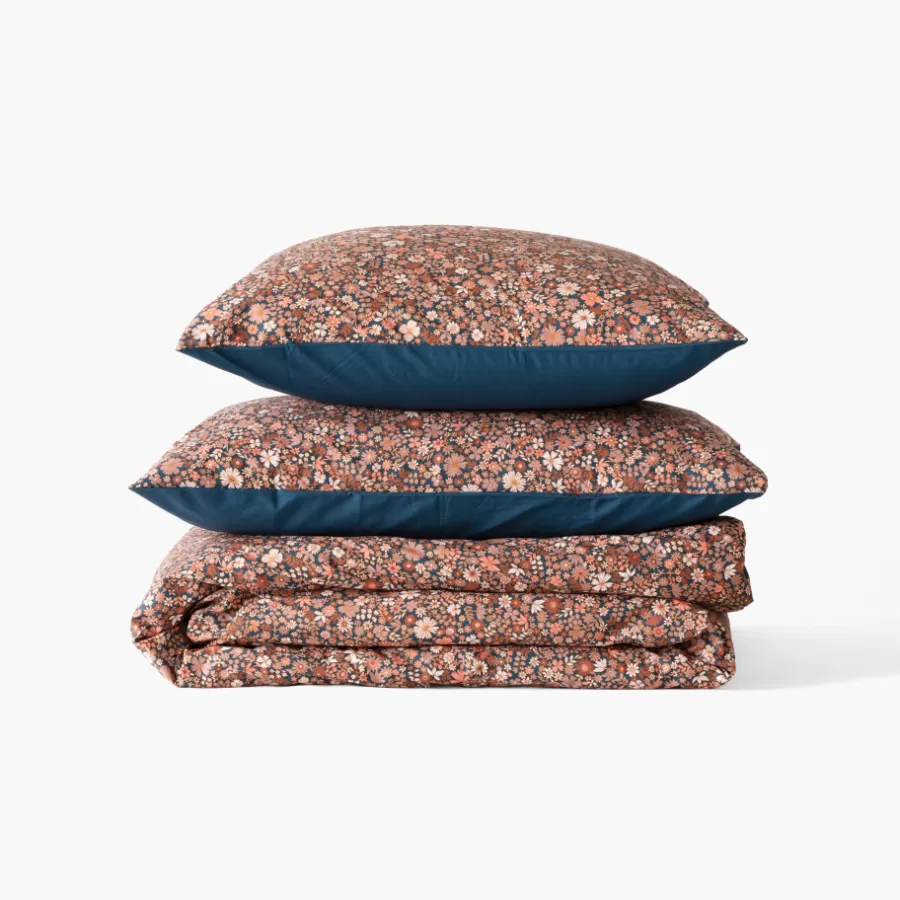 Carré Blanc Housses De Couette | Housse de couette percale de coton Neo Bleu Prusse Floral