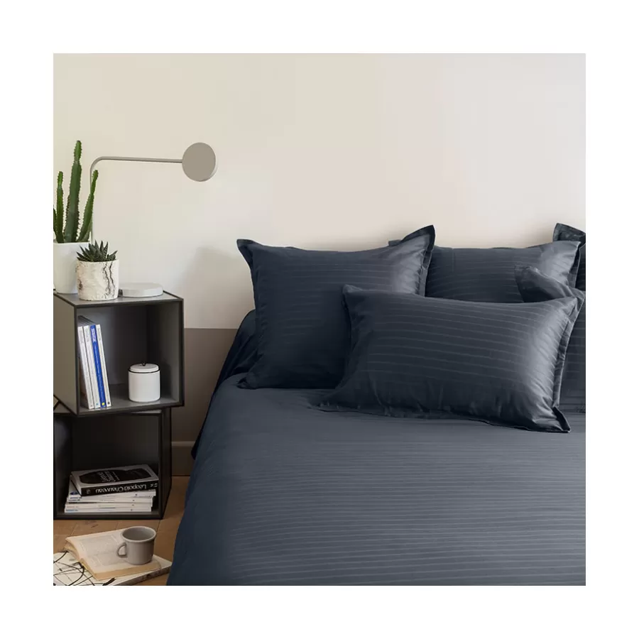 Carré Blanc Housses De Couette | Housse de couette satin de coton jacquard pois et rayures Prestige bleu nuit