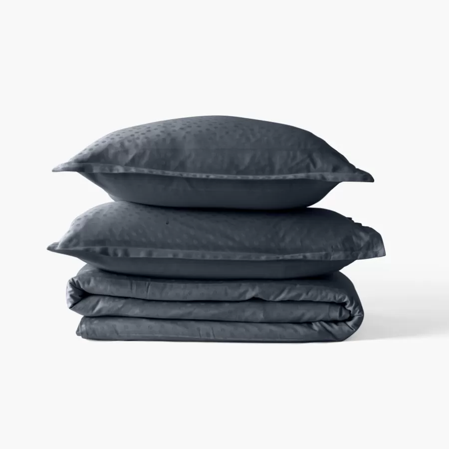 Carré Blanc Housses De Couette | Housse de couette satin de coton jacquard pois et rayures Prestige bleu nuit