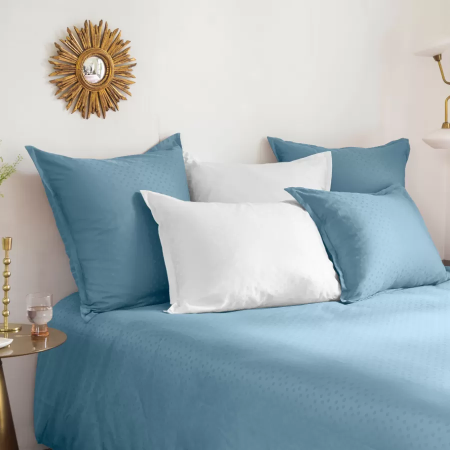 Carré Blanc Housses De Couette | Housse de couette satin de coton jacquard pois et rayures Prestige glacier