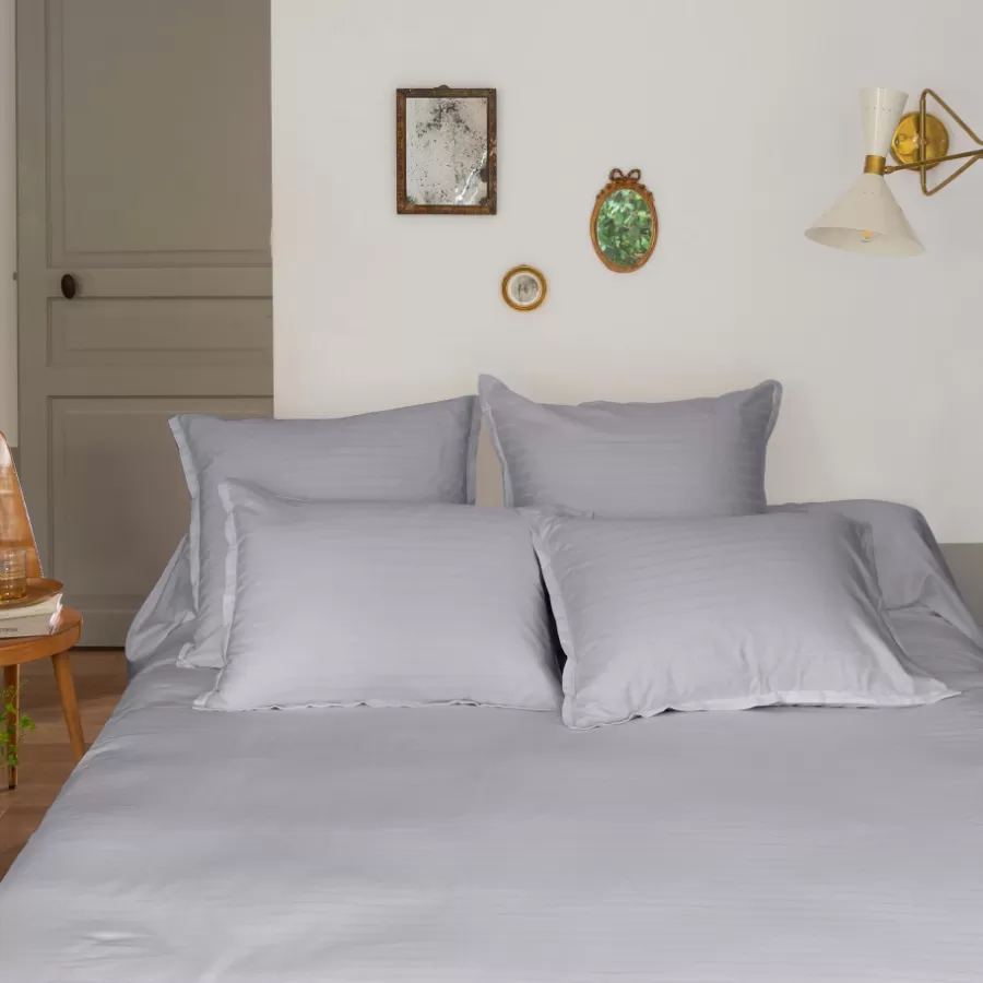 Carré Blanc Housses De Couette | Housse de couette satin de coton jacquard pois et rayures Prestige tourterelle
