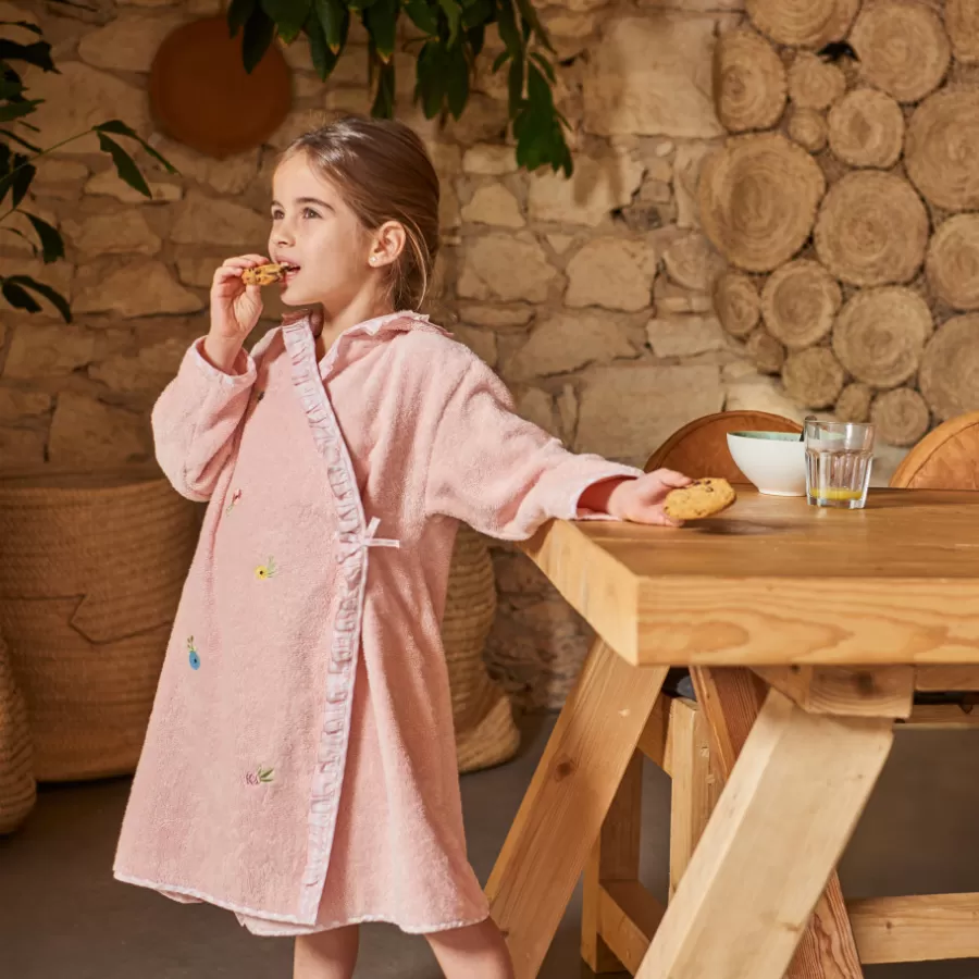 Carré Blanc Peignoirs 12 Mois - 10 Ans | Peignoir enfant coton bio cache-cœur à capuche brodé Rêve d'or dragée