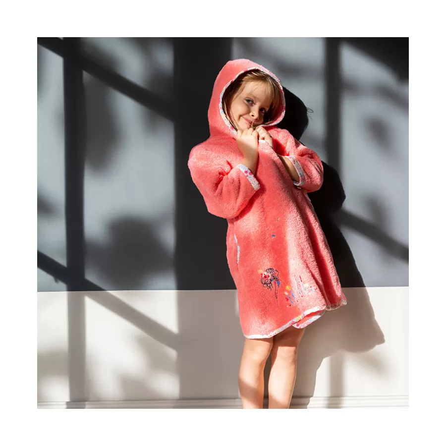Carré Blanc Peignoirs 12 Mois - 10 Ans | Peignoir enfant coton biologique cache cœur à capuche brodé Poésie corail