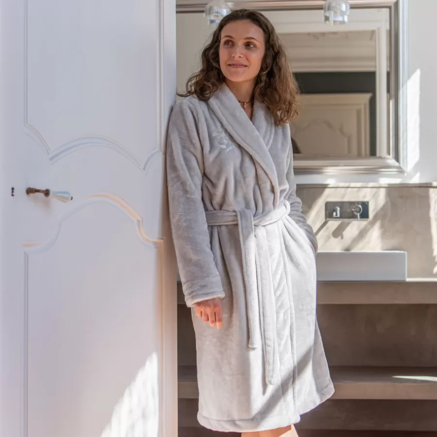 Carré Blanc Coffrets Cadeaux | Robes De Chambre Femme | Robe de chambre polaire col châle femme Equinoxe tourterelle