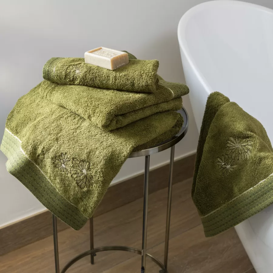 Carré Blanc Serviettes Invité | Serviette invité coton et viscose de bambou Silvalys vert mousse