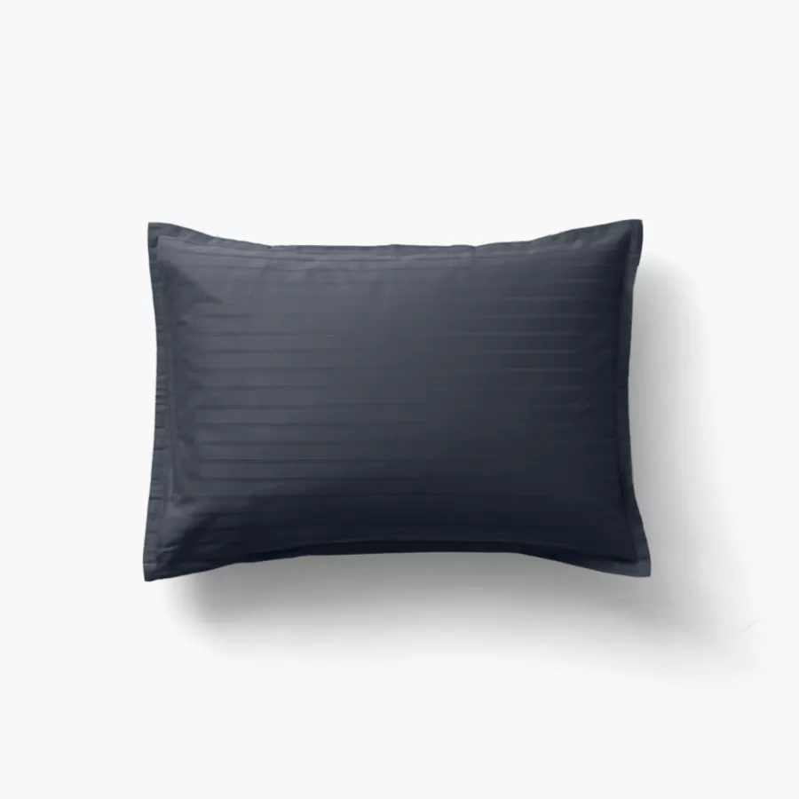 Carré Blanc Taies D’oreiller | Taie d'oreiller rectangulaire satin de coton jacquard pois et rayures Prestige bleu nuit