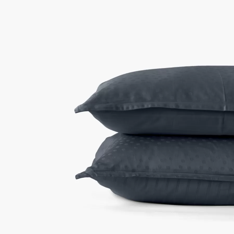 Carré Blanc Taies D’oreiller | Taie d'oreiller rectangulaire satin de coton jacquard pois et rayures Prestige bleu nuit