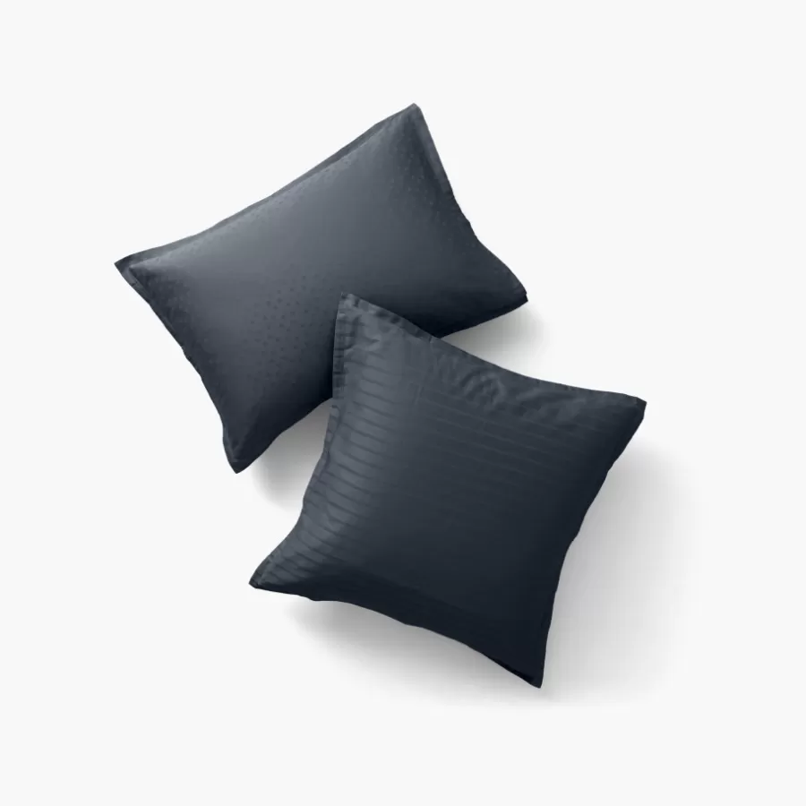 Carré Blanc Taies D’oreiller | Taie d'oreiller rectangulaire satin de coton jacquard pois et rayures Prestige bleu nuit