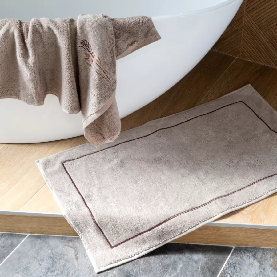 Carré Blanc Tapis De Bain | Tapis de bain coton et viscose de bambou Aura taupe