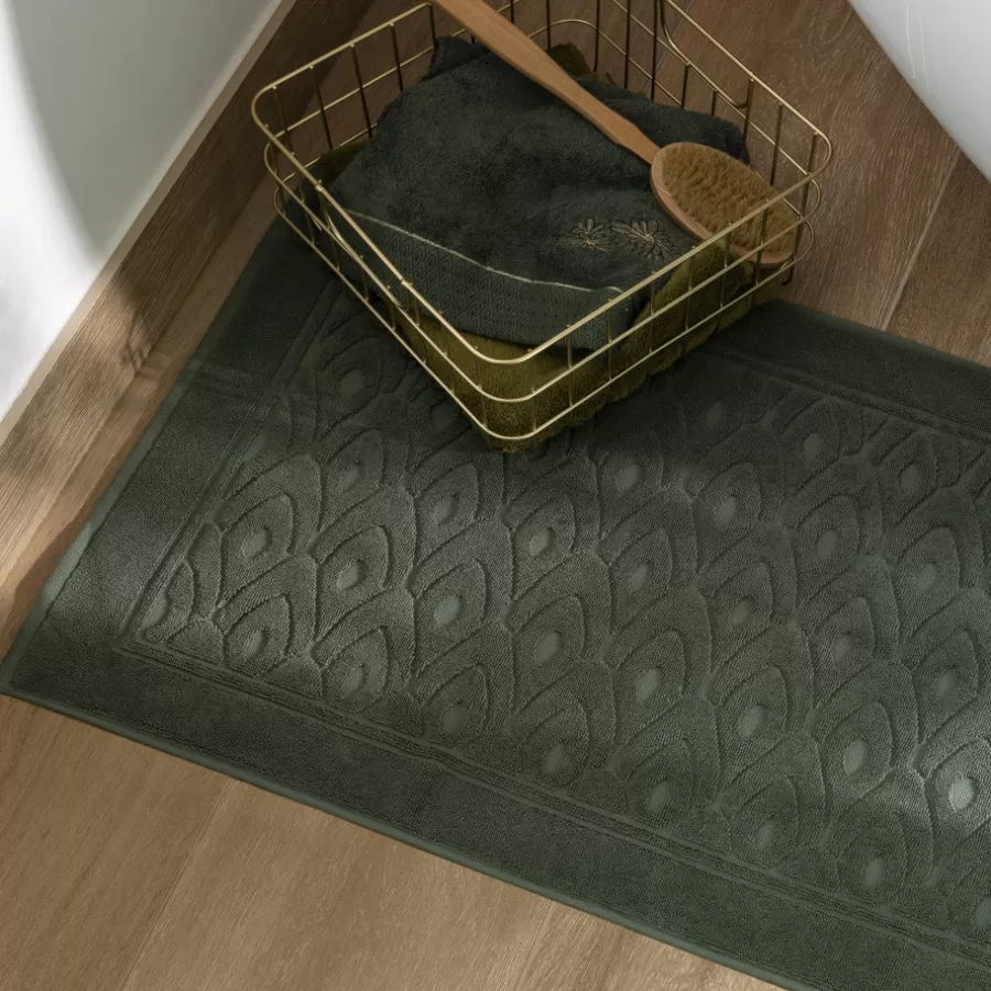 Carré Blanc Tapis De Bain | Tapis de bain coton et viscose de bambou Silvalys vert forêt