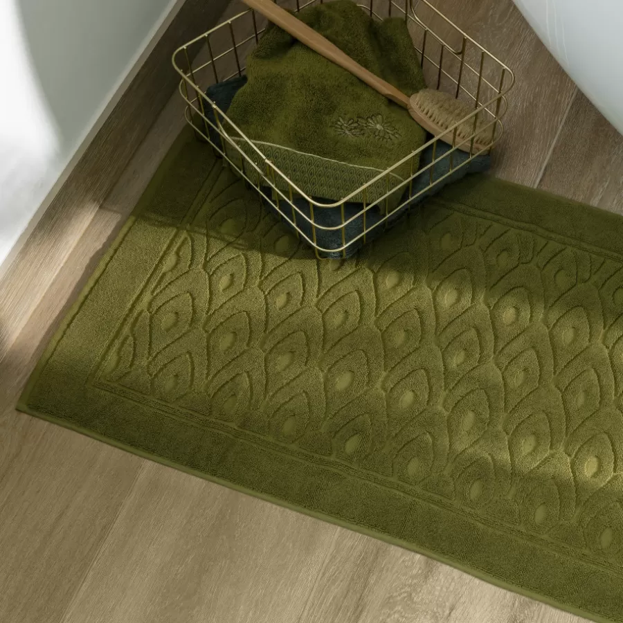 Carré Blanc Tapis De Bain | Tapis de bain coton et viscose de bambou Silvalys vert mousse